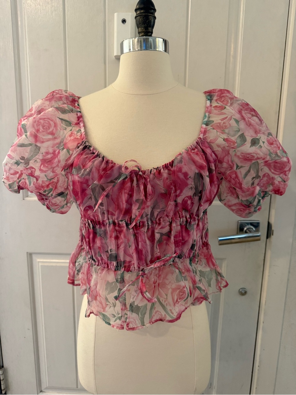 Joie Floral Chiffon Crop Top Puff Sleeve Pink Rose Coquette Medium statement